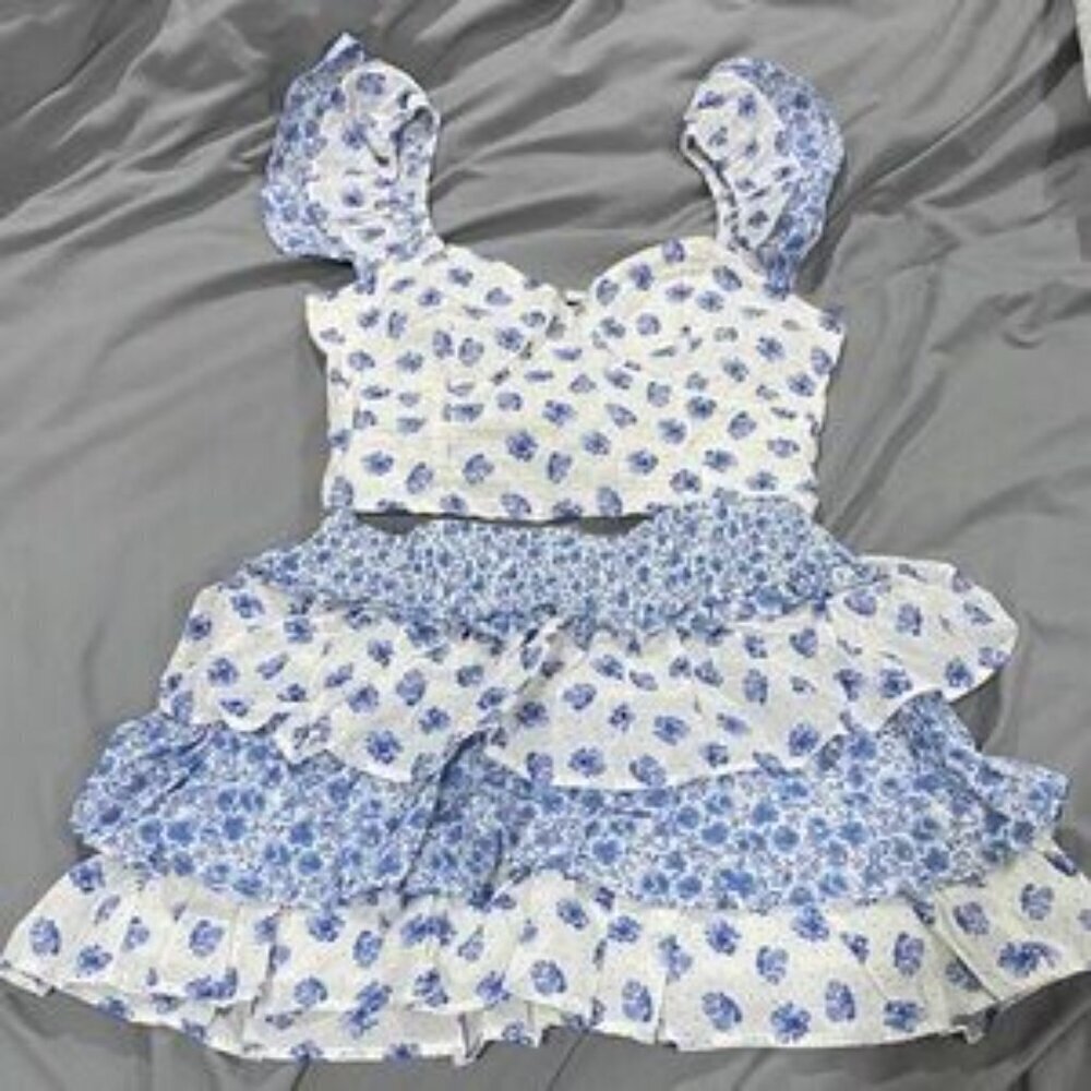 Floral Blue and White Skirt set